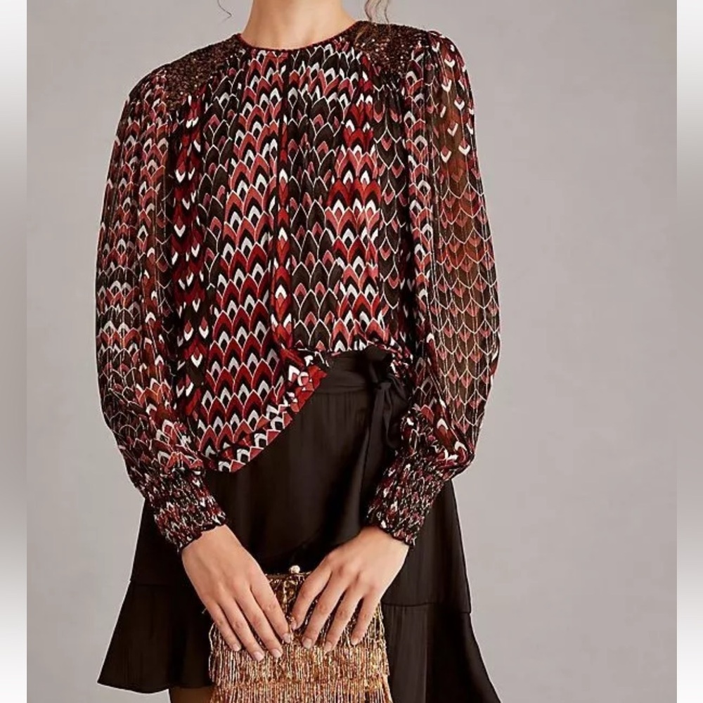 Anthropologie BL^NK London Black Red Sequin Shoulder Metallic Flowy Blouse S NWT - Picture 11 of 14